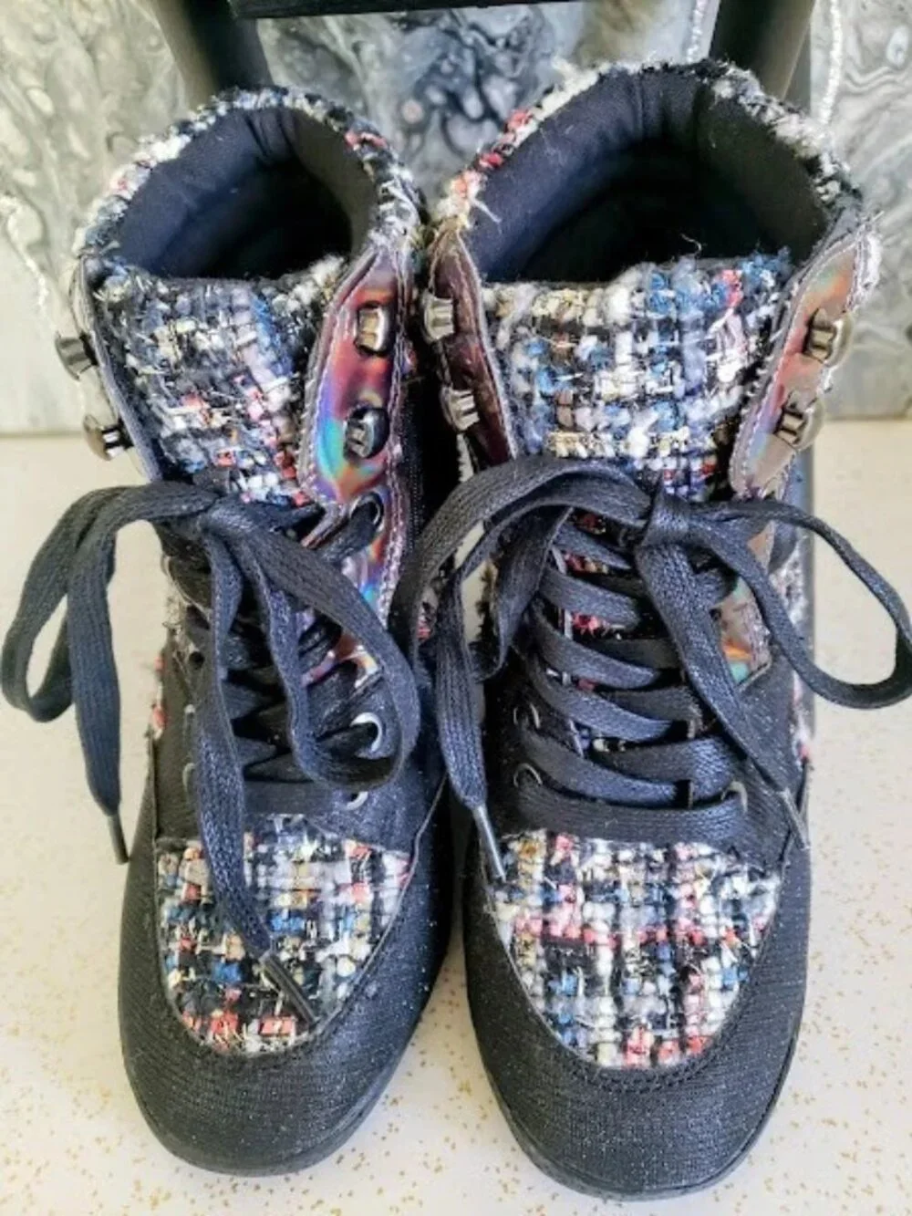 Bamboo Women's Tweed High Top Lace Up Black Wedge Sneakers Size 5.5